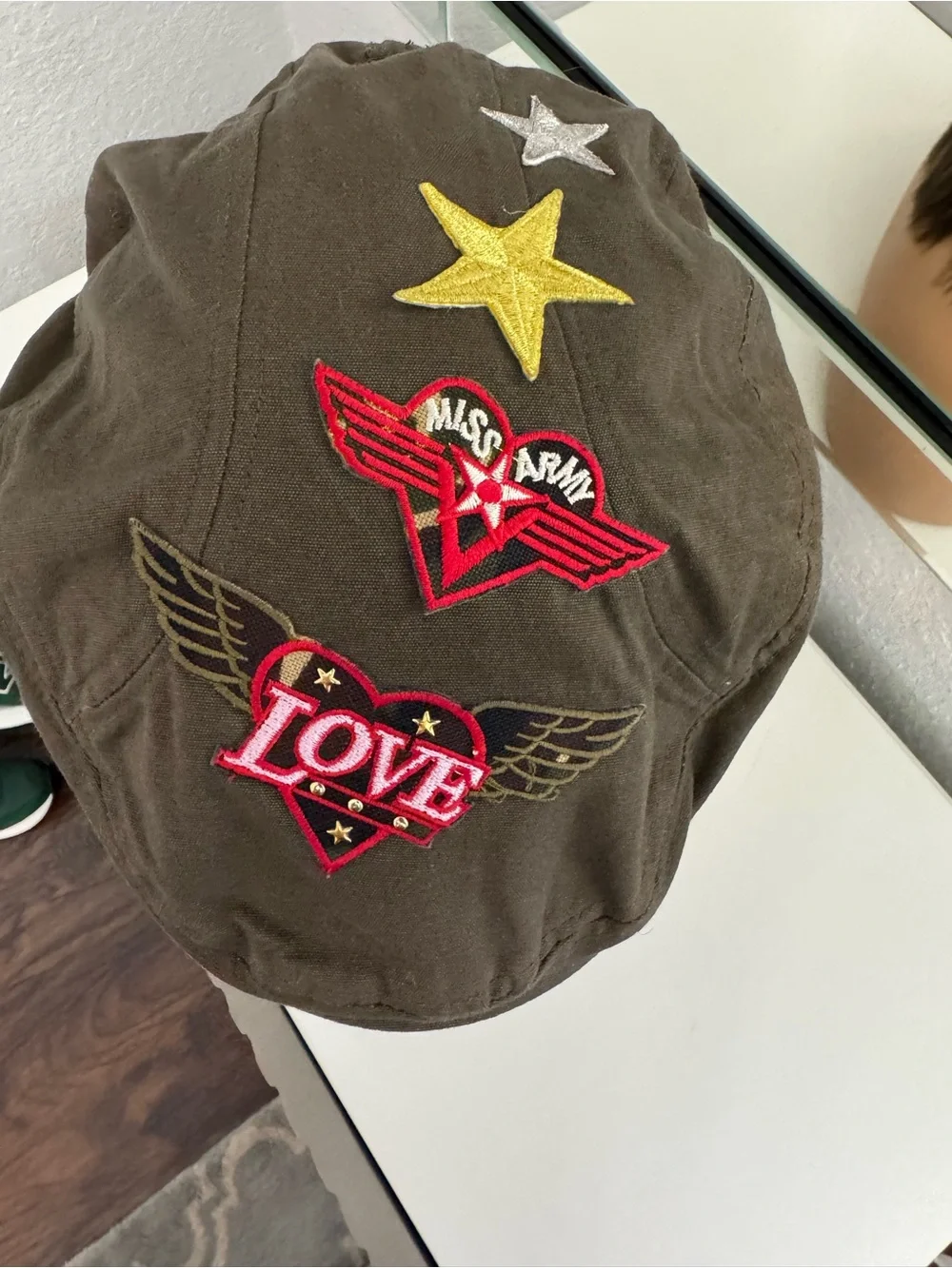 Vintage Olive Green 'Love' Embroidered Newsboy Cap with patch details